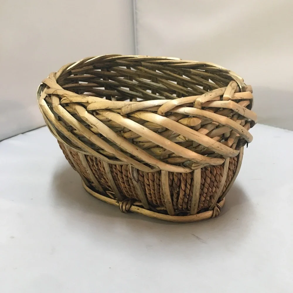 Woven Wicker Storage Basket Small Brown Oval Rustic Boho Decor Cottagecore